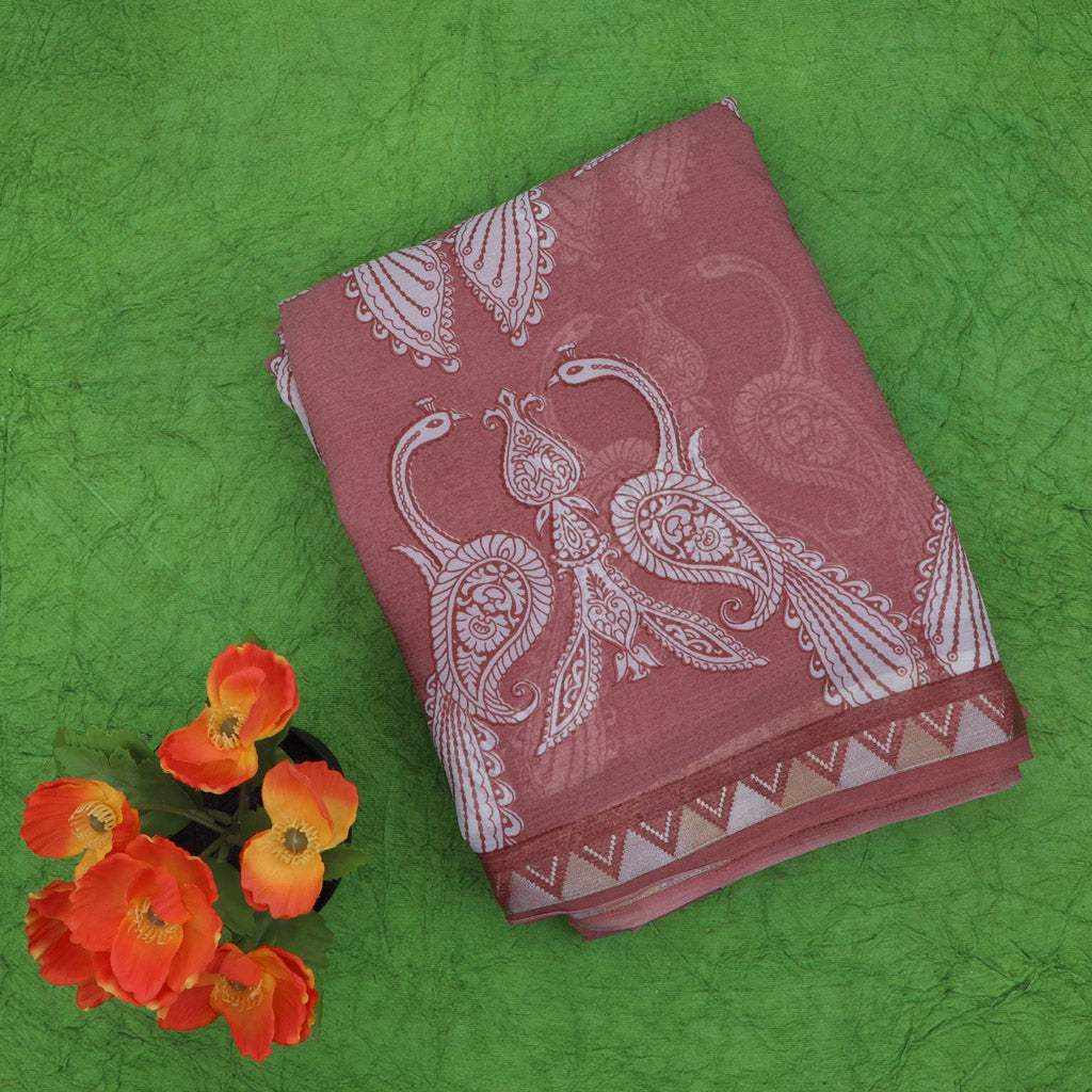 Pastel Brown Printed Chiffon Saree - Singhania's