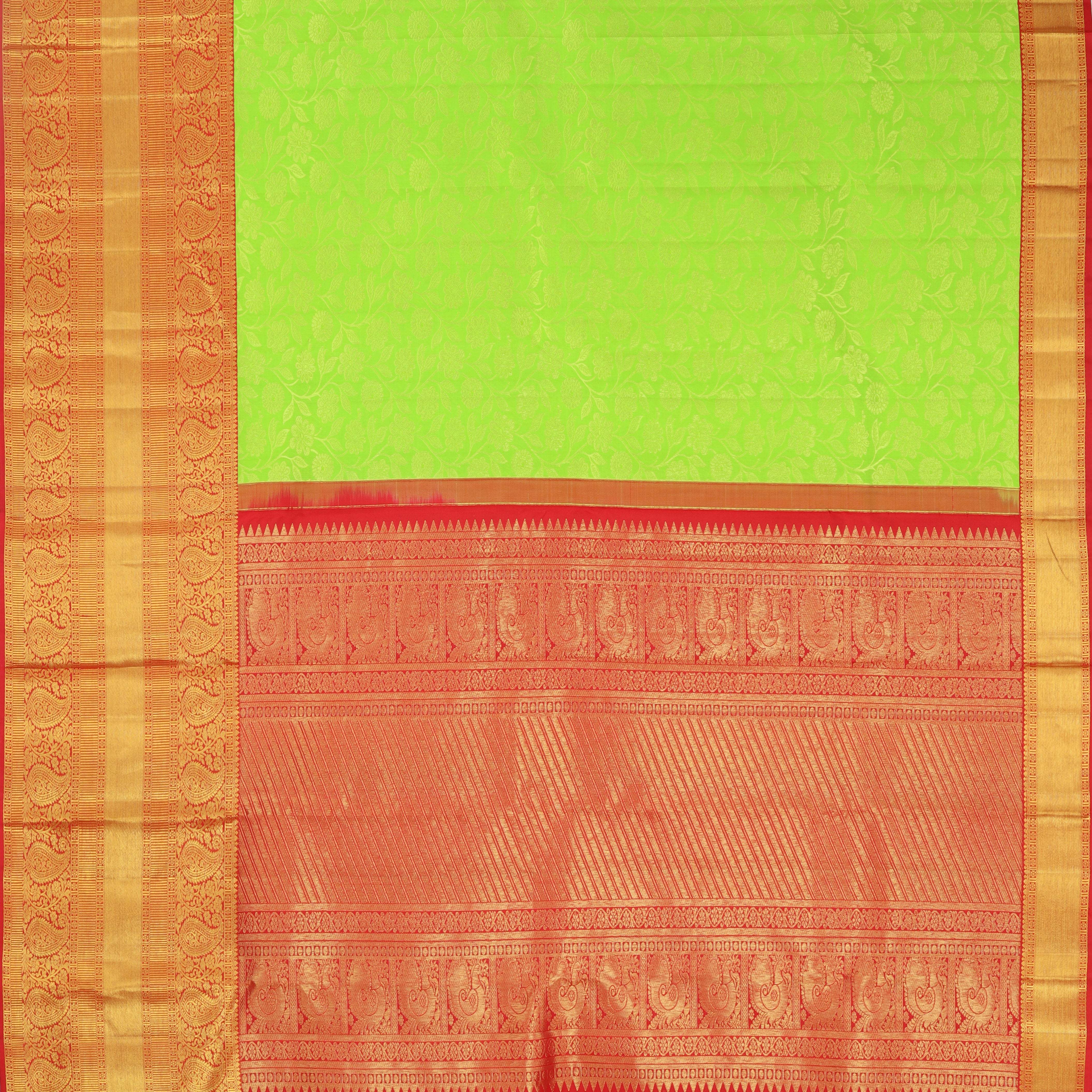 Lime Green Kanjivaram Silk Saree With Floral Pattern - Singhania's