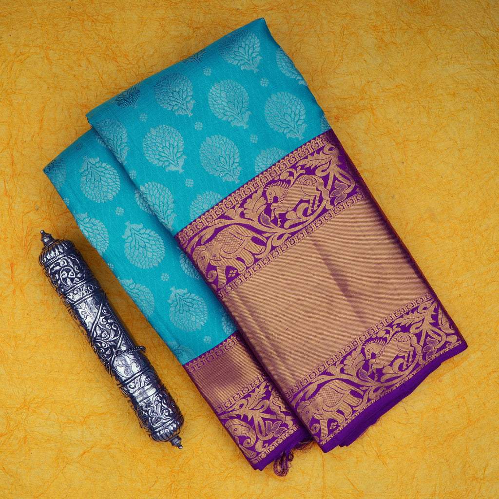 Sky Blue Kanjivaram Silk Saree With Floral Buttas - Singhania's
