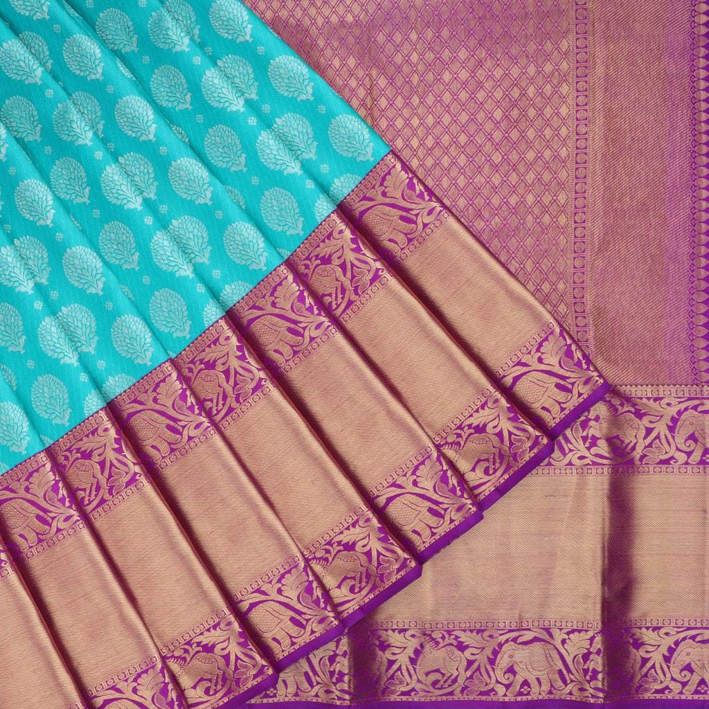 Sky Blue Kanjivaram Silk Saree With Floral Buttas - Singhania's