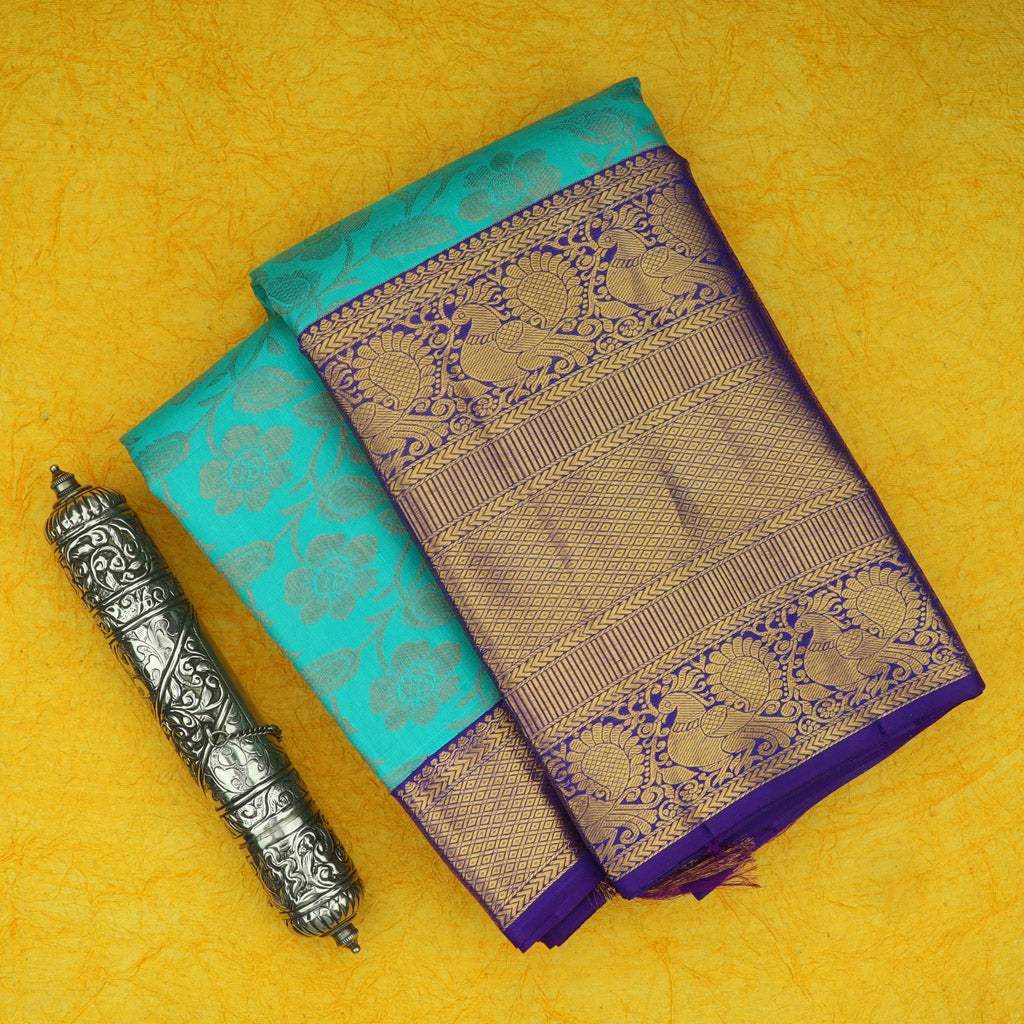 Turquoise Blue Kanjivaram Silk Saree With Floral Pattern - Singhania's