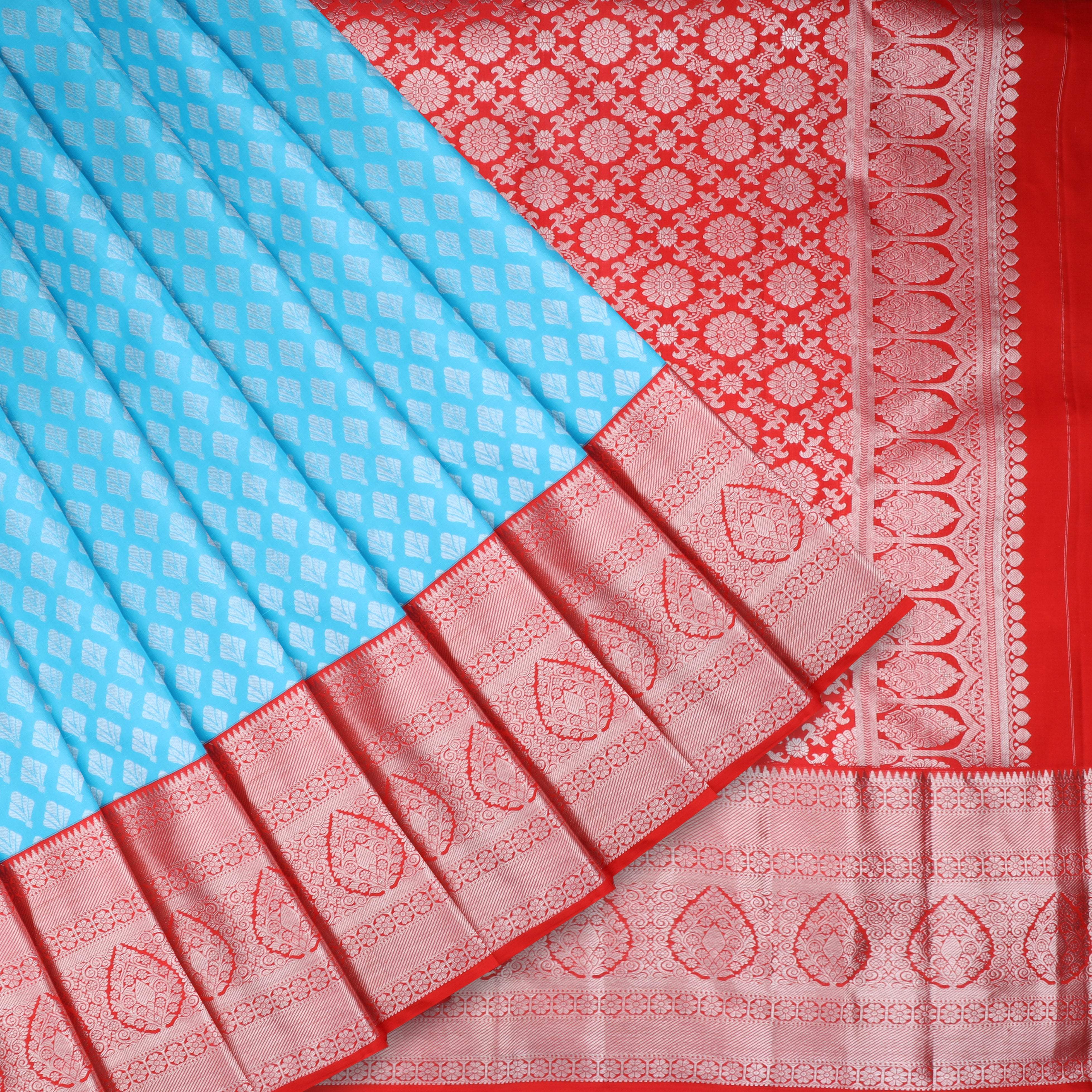 Sky Blue Kanjivaram Silk Saree With Floral Motifs - Singhania's