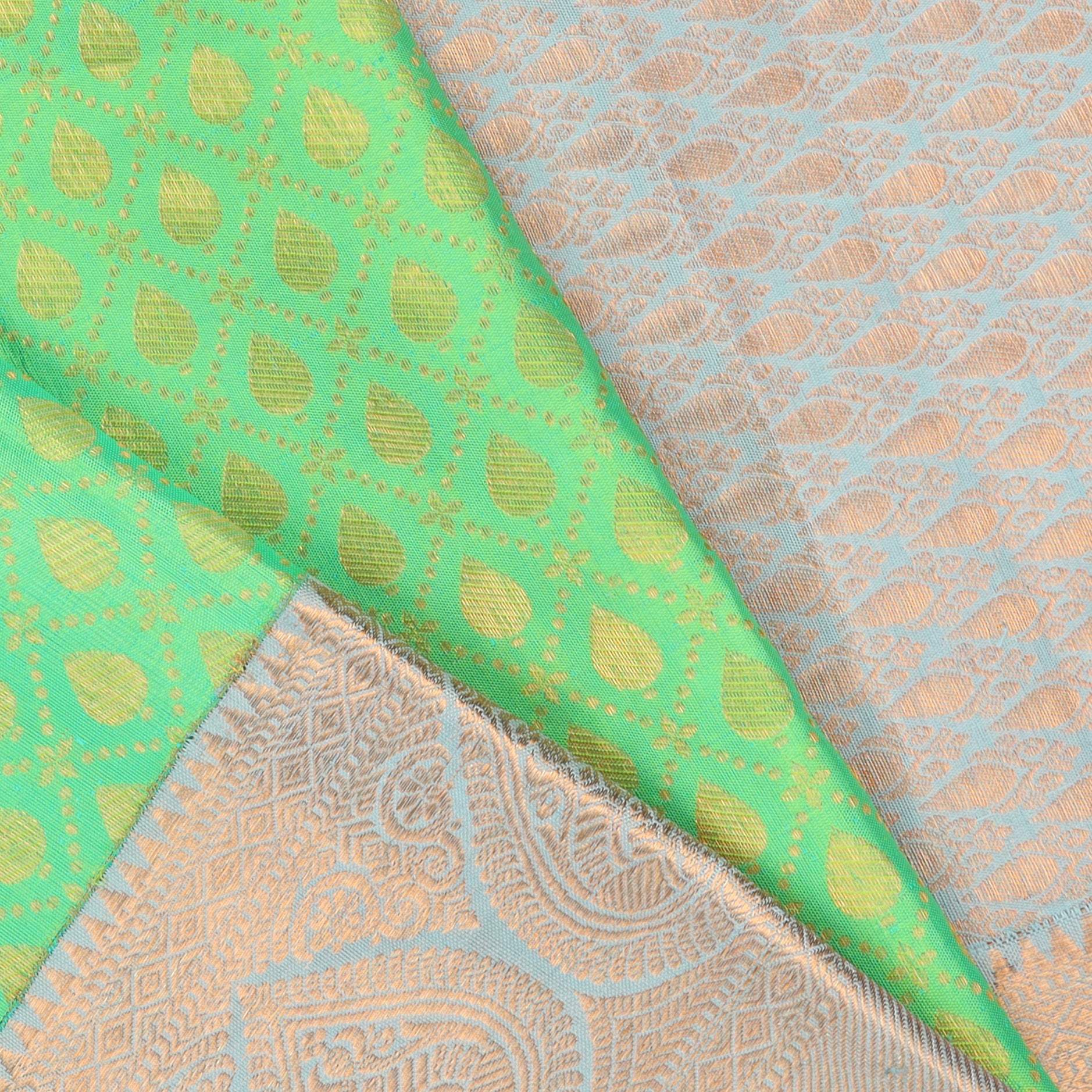 Bright Spring Green Kanjivaram Silk Saree With Copper Zari - Singhania's