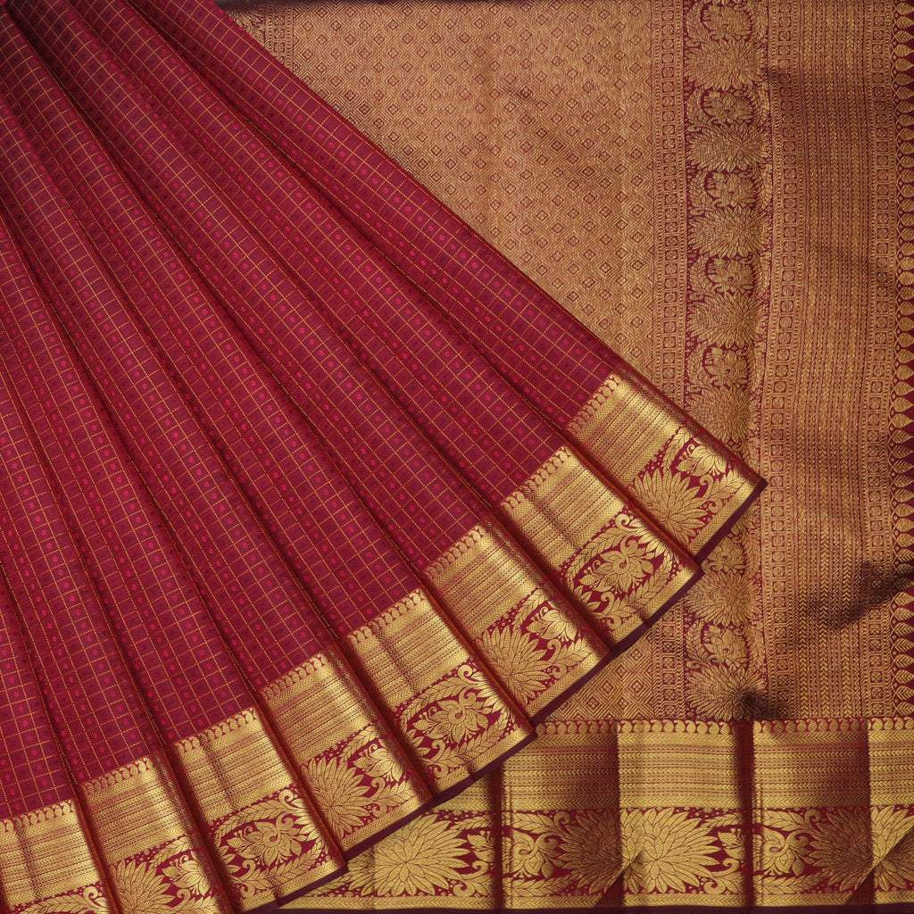 Maroon Kanjivaram Silk Saree With Checks Pattern - Singhania's
