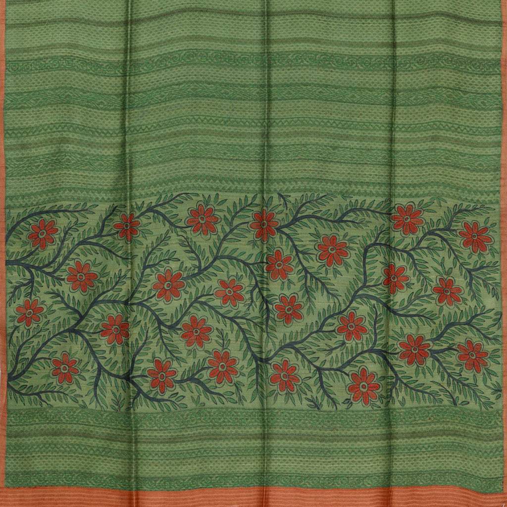 Green Printed Tussar Silk Saree - Singhania's
