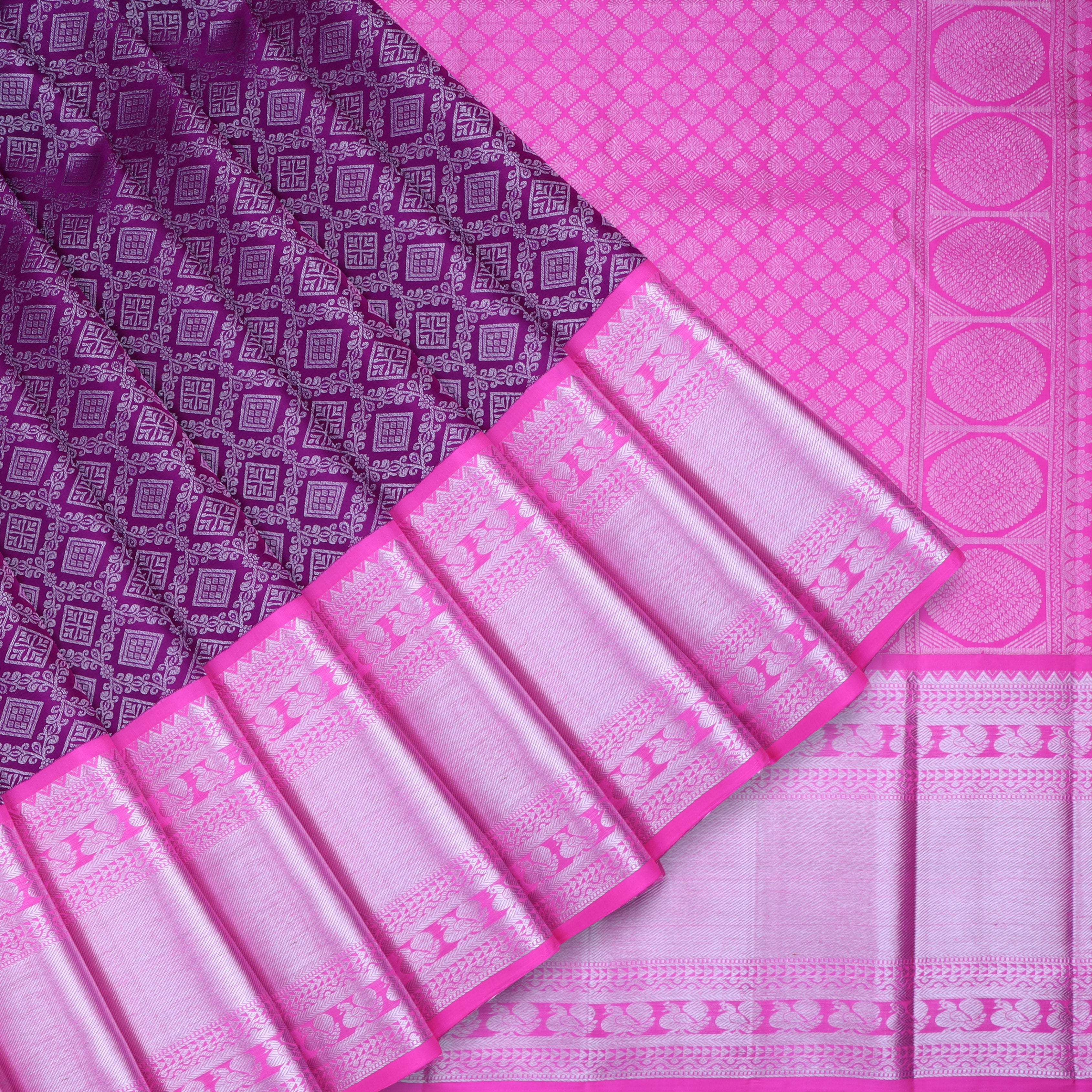 Magenta Pink Kanjivaram Silk Saree With Floral Pattern - Singhania's