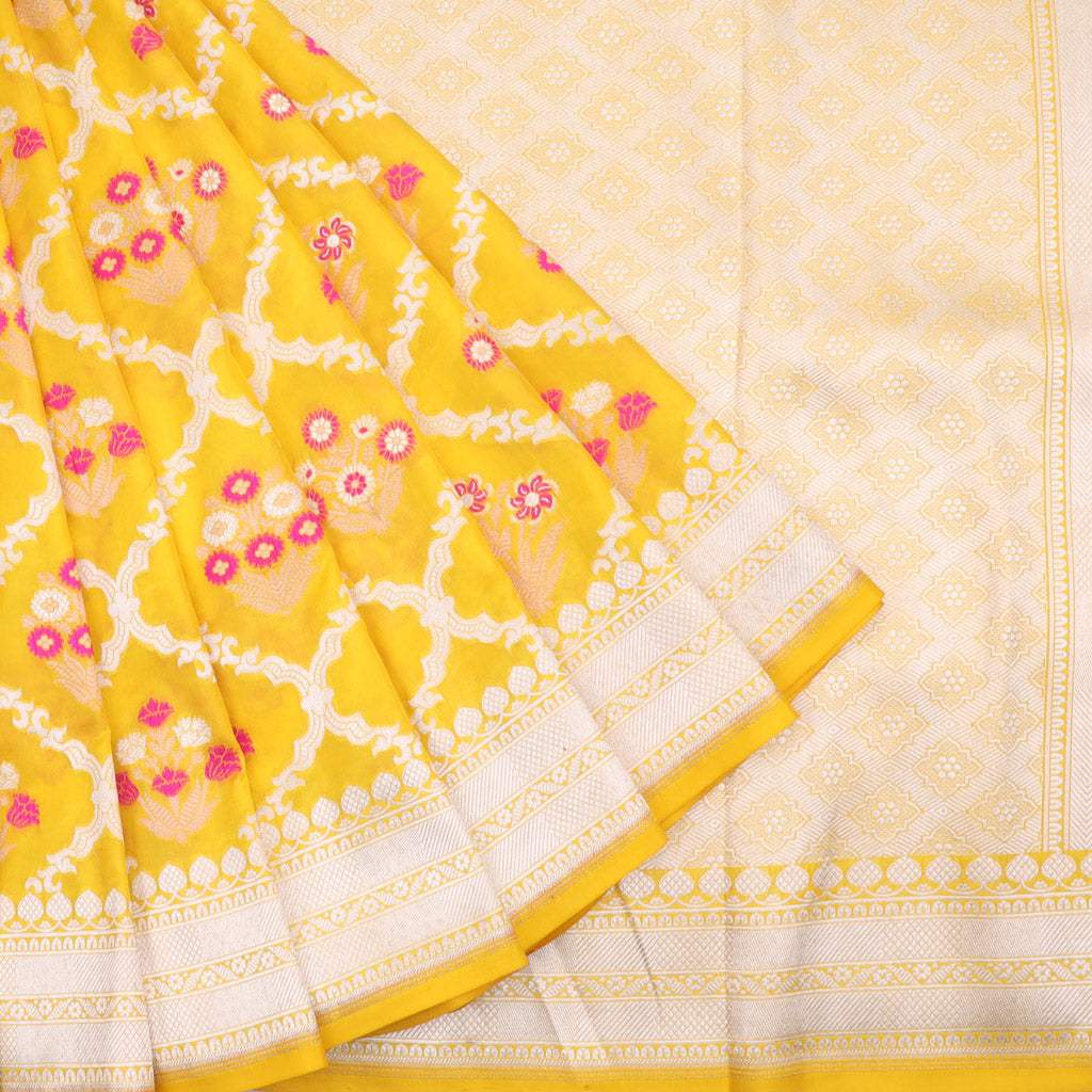 Bright Yellow Banarasi Silk Saree With Floral Pattern - Singhania's