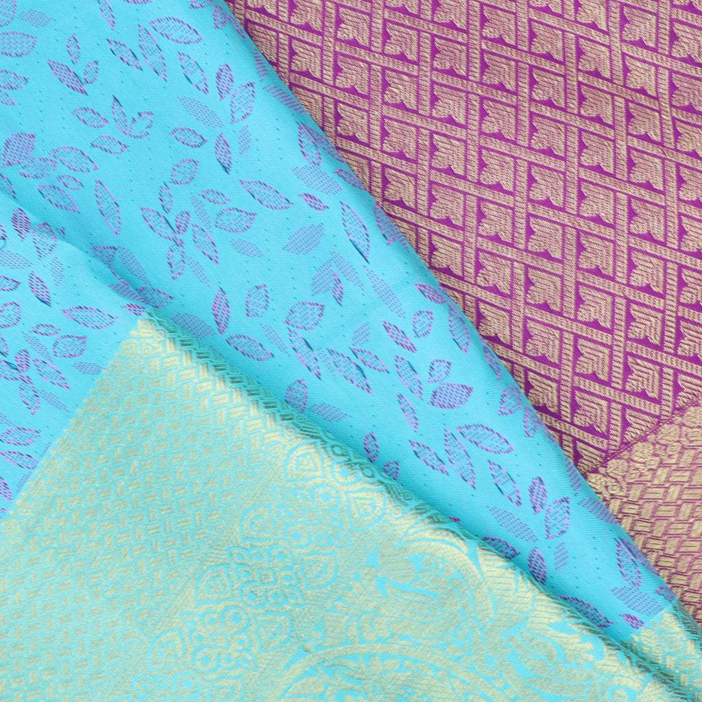 Sky Blue Kanjivaram Silk Saree With Leaf Motif Pattern - Singhania's