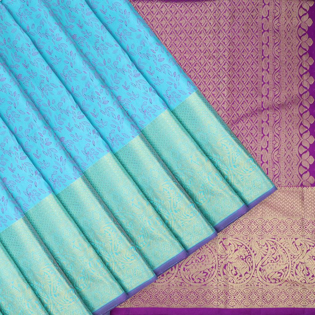 Sky Blue Kanjivaram Silk Saree With Leaf Motif Pattern - Singhania's