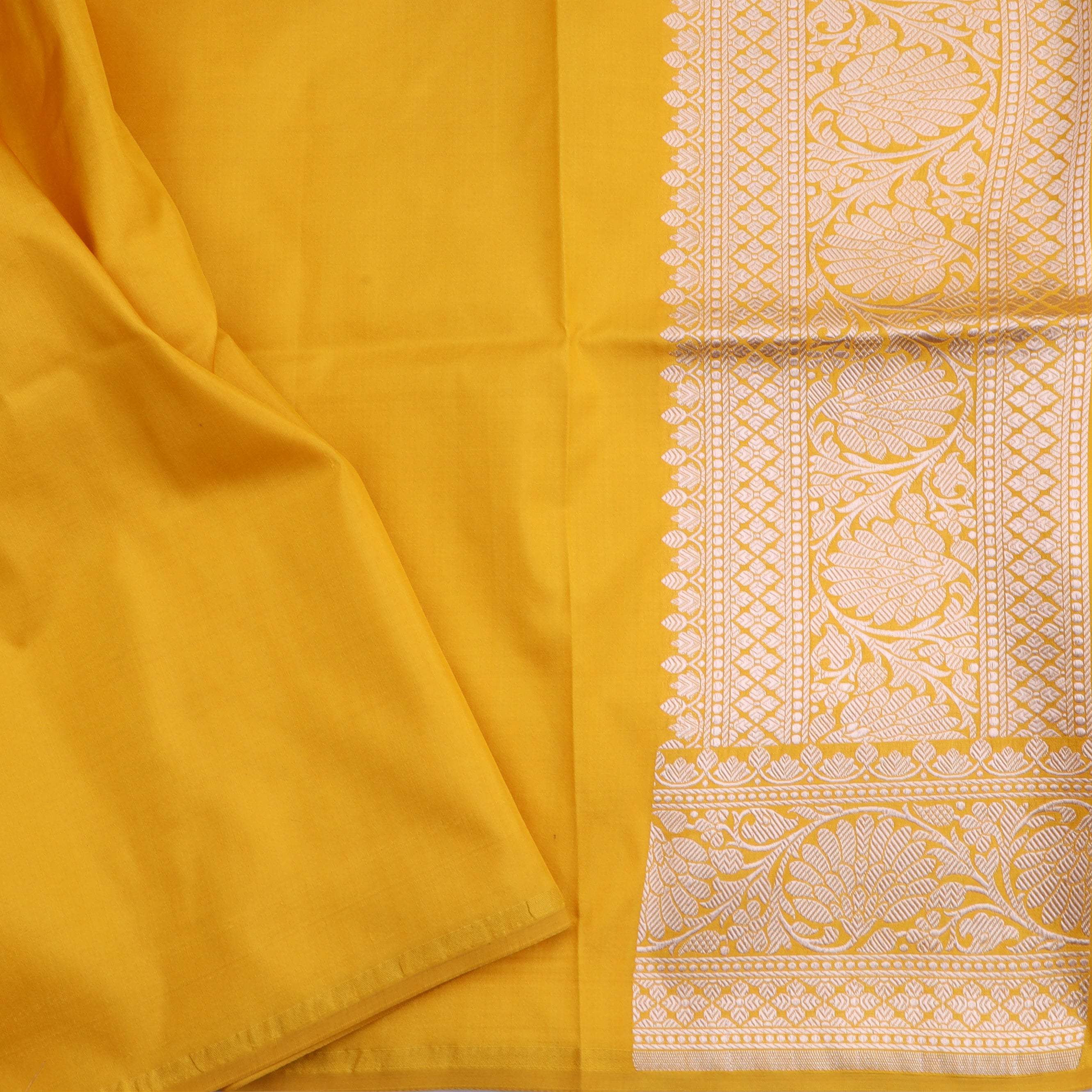 Bright Yellow Banarasi Silk Saree With Floral Buttas - Singhania's
