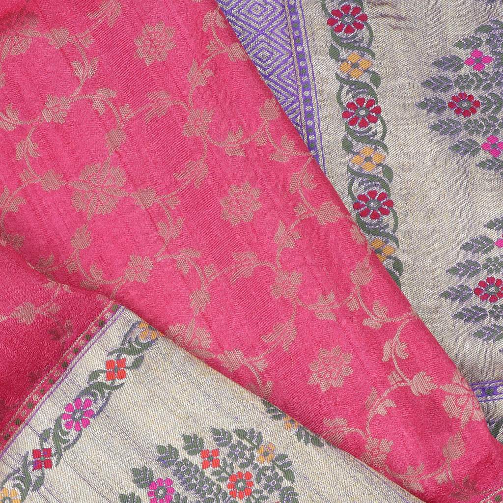 French Pink Tussar Jamdhani Handloom Silk Saree With Floral Jaal - Singhania's