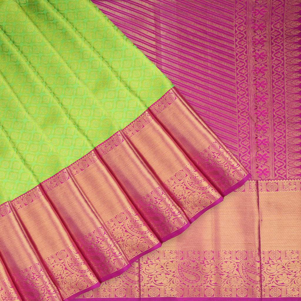 Parrot Green Kanjivaram Silk Saree With Floral Buttis - Singhania's