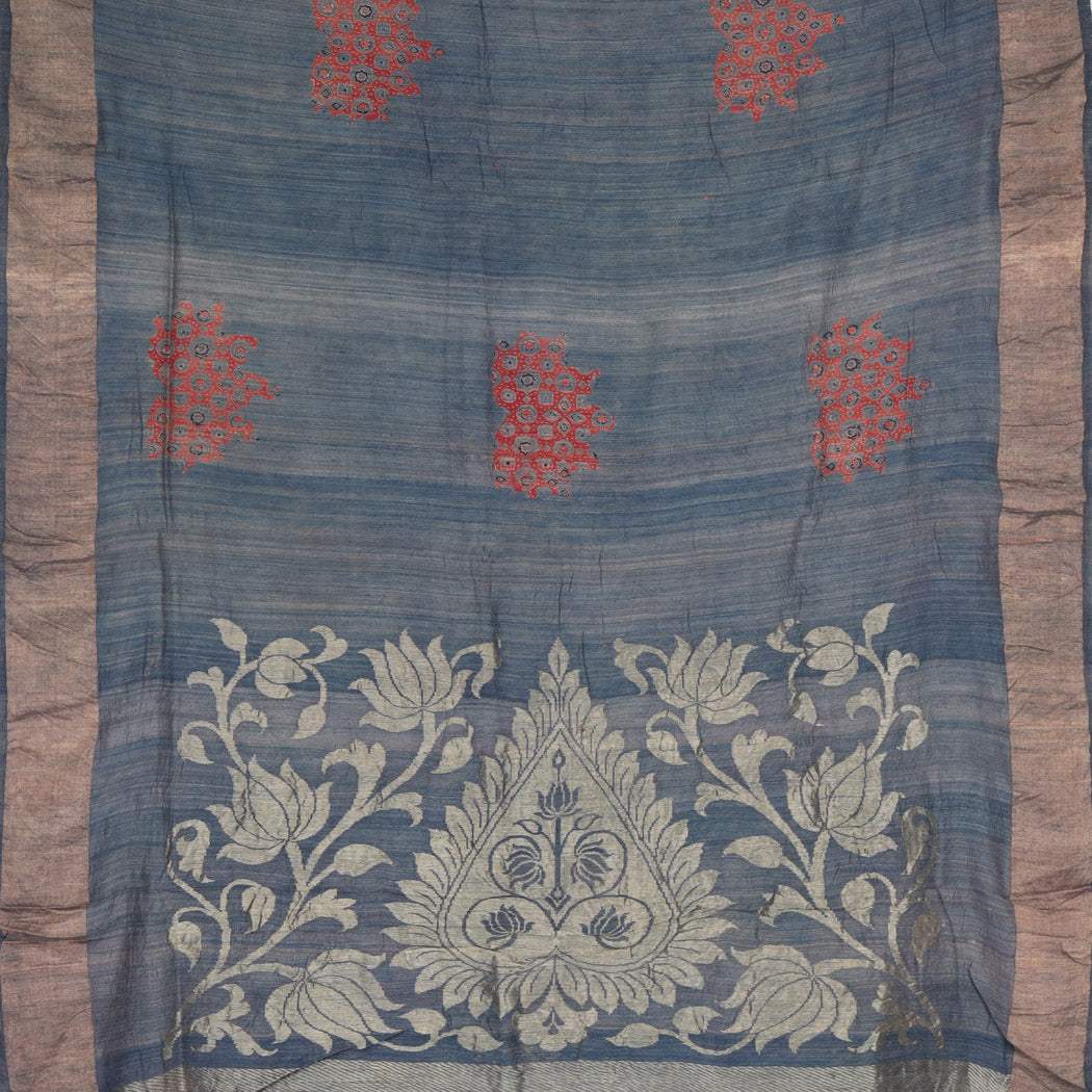 Greyish Blue Handblock Printed Matka Tussar Saree - Singhania's