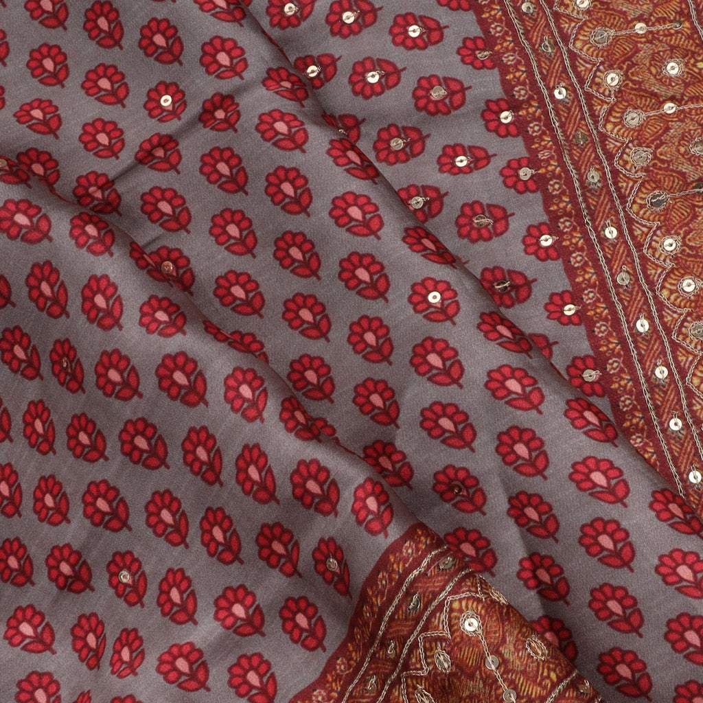 Smokey Grey Embroidery Satin Designer Saree - Singhania's