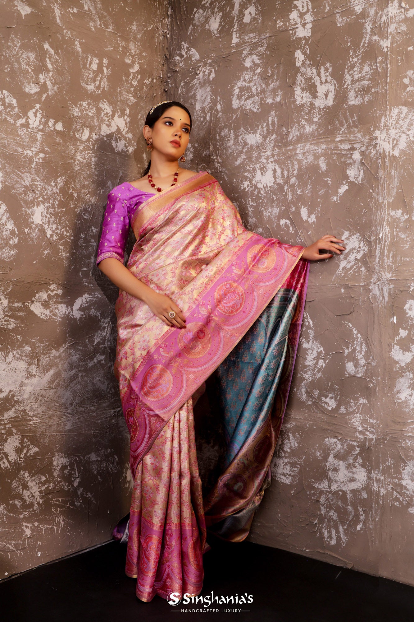 Soft Rose Tissue Kanjivaram Silk Saree With Floral Jaal Design