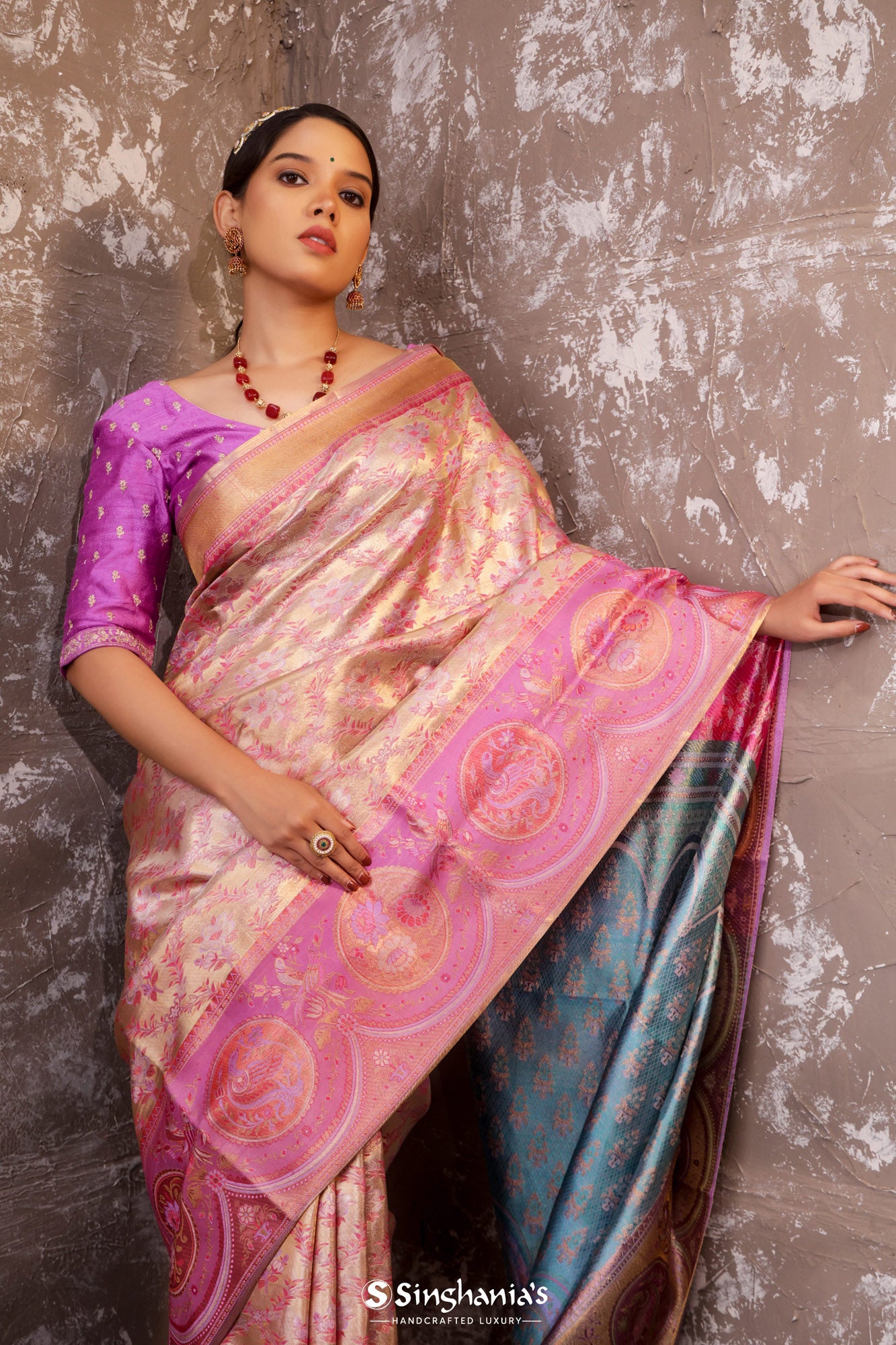 Soft Rose Tissue Kanjivaram Silk Saree With Floral Jaal Design