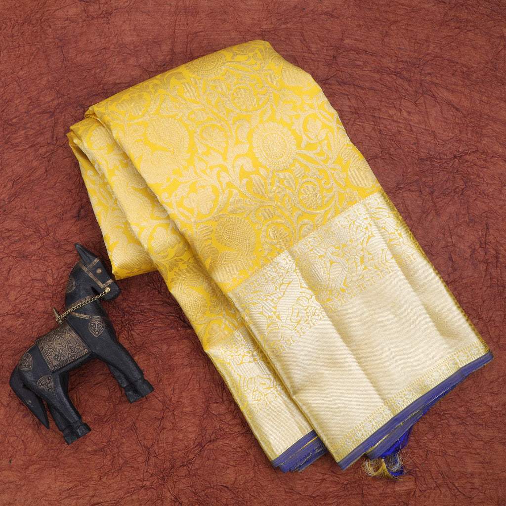 Bright Yellow Kanjivaram Silk Saree With Floral Pattern - Singhania's