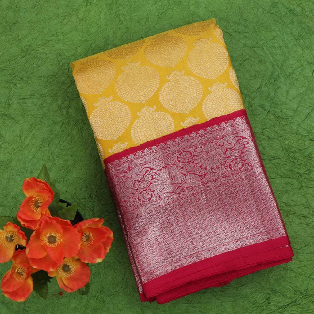 Yellow Kanjivaram Silk Saree With Floral Buttas - Singhania's