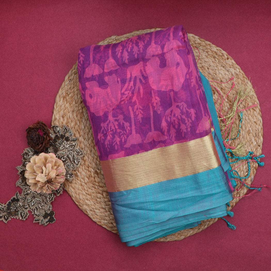 Pink Cotton Saree With Printed Pattern - Singhania's