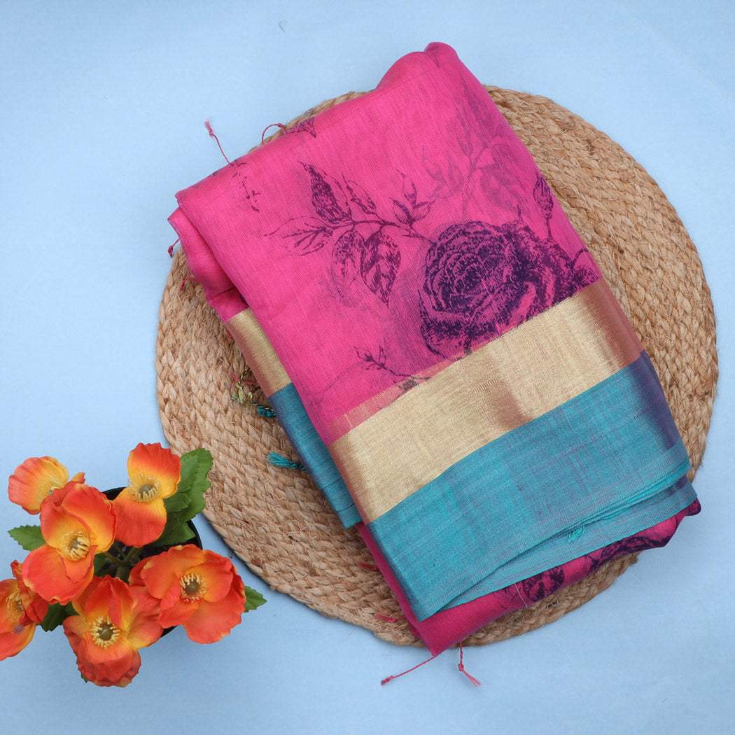 Hot Pink Floral Cotton Printed Saree - Singhania's