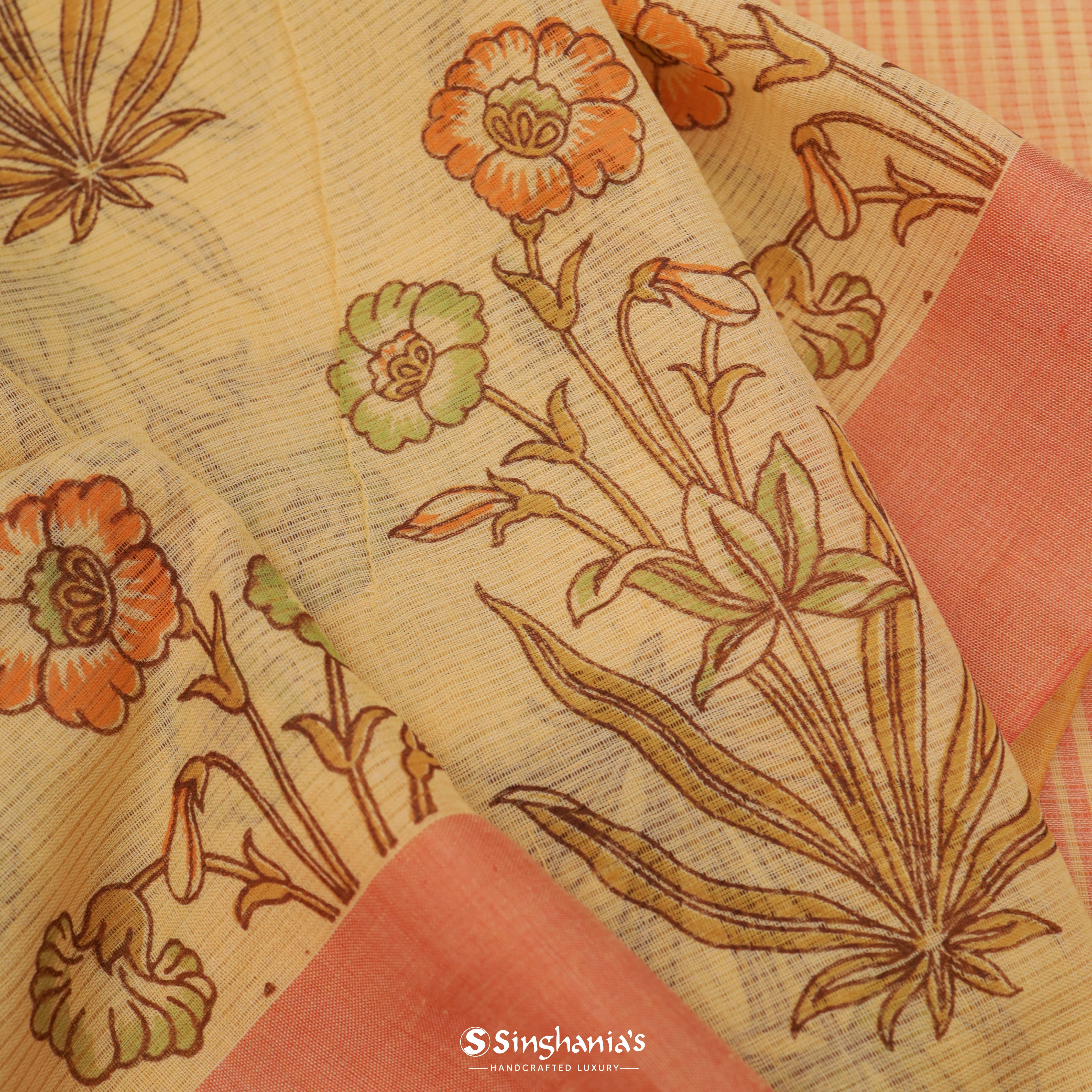 Light Orange Cotton Embroidery Silk Saree With Stripes Pattern