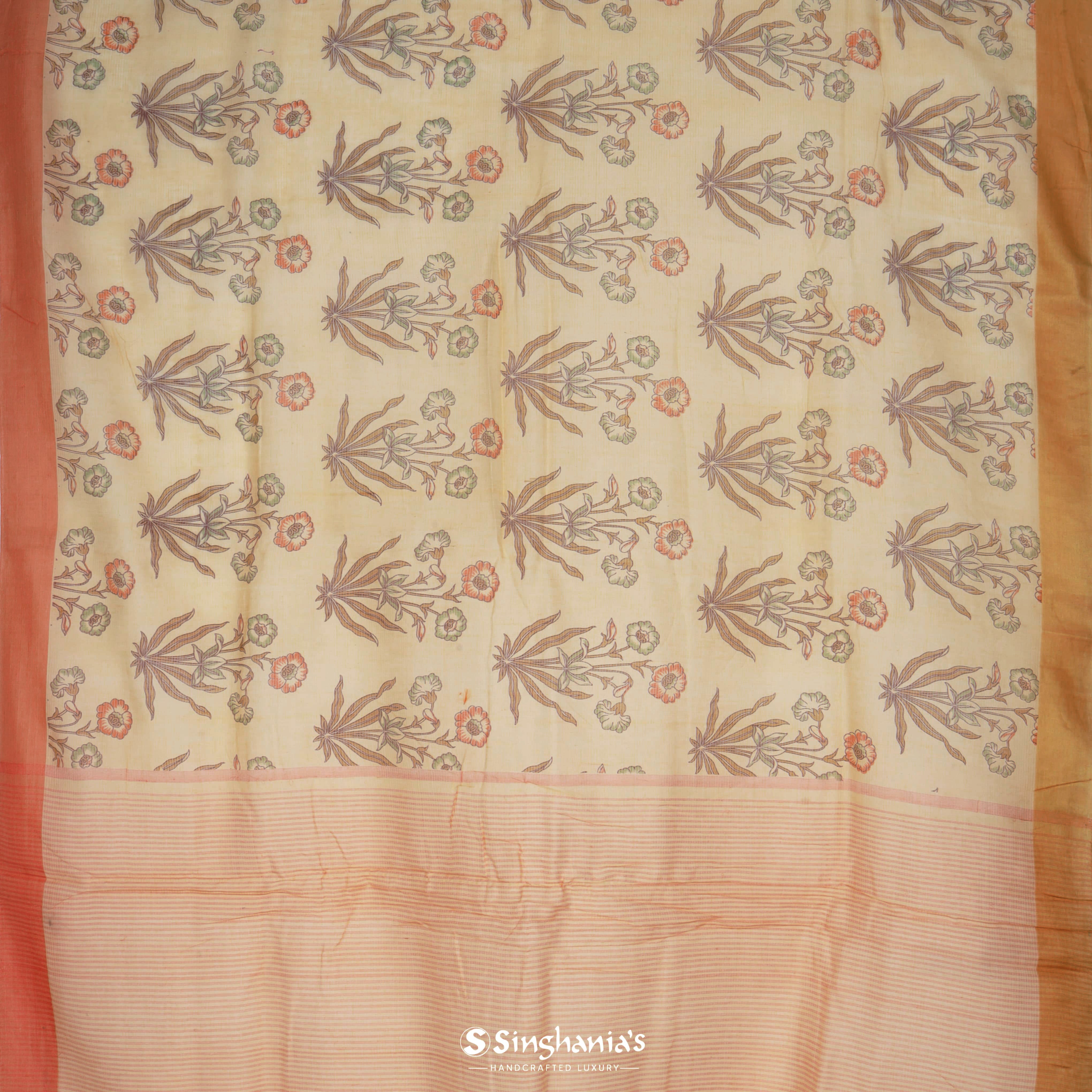 Light Orange Cotton Embroidery Silk Saree With Stripes Pattern