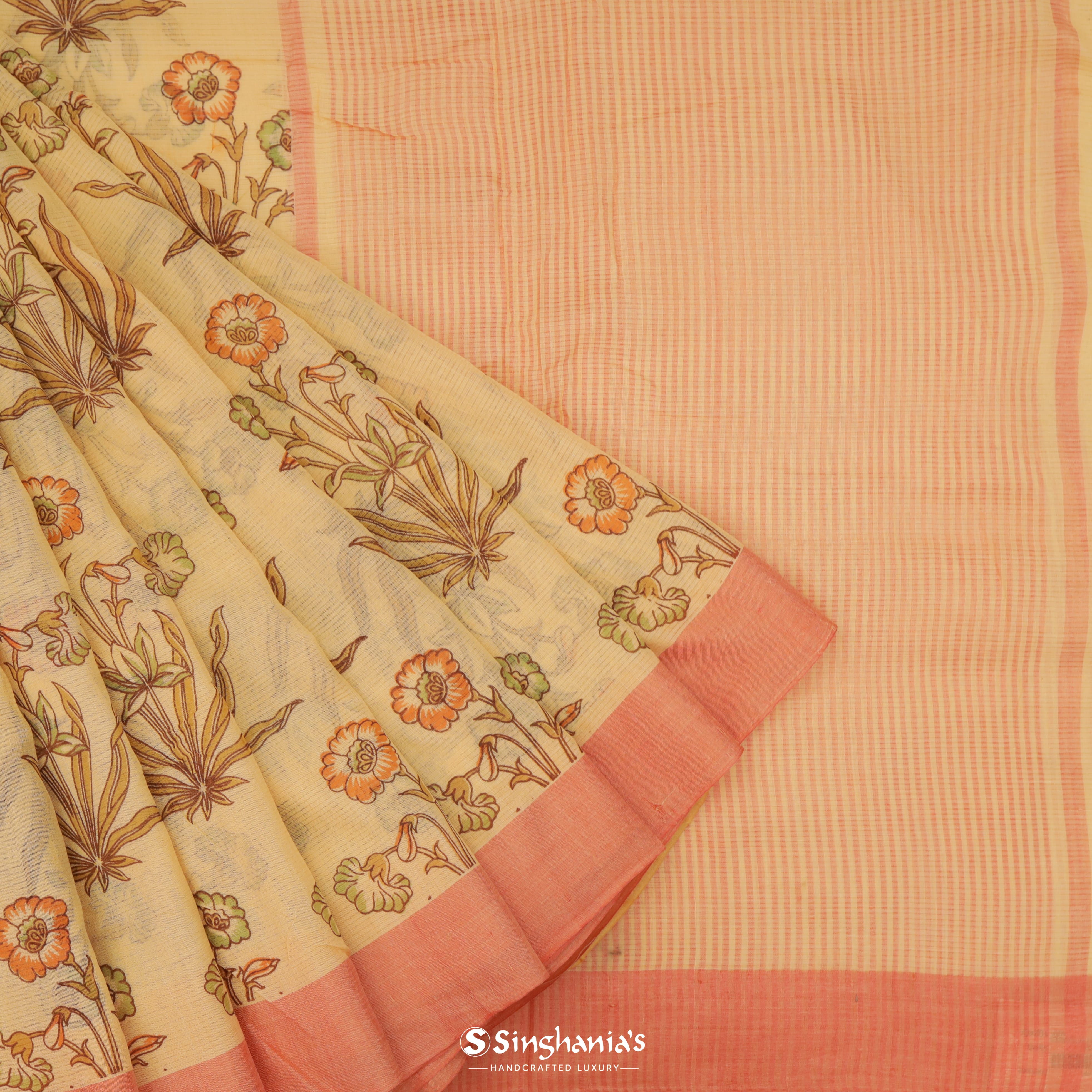 Light Orange Cotton Embroidery Silk Saree With Stripes Pattern