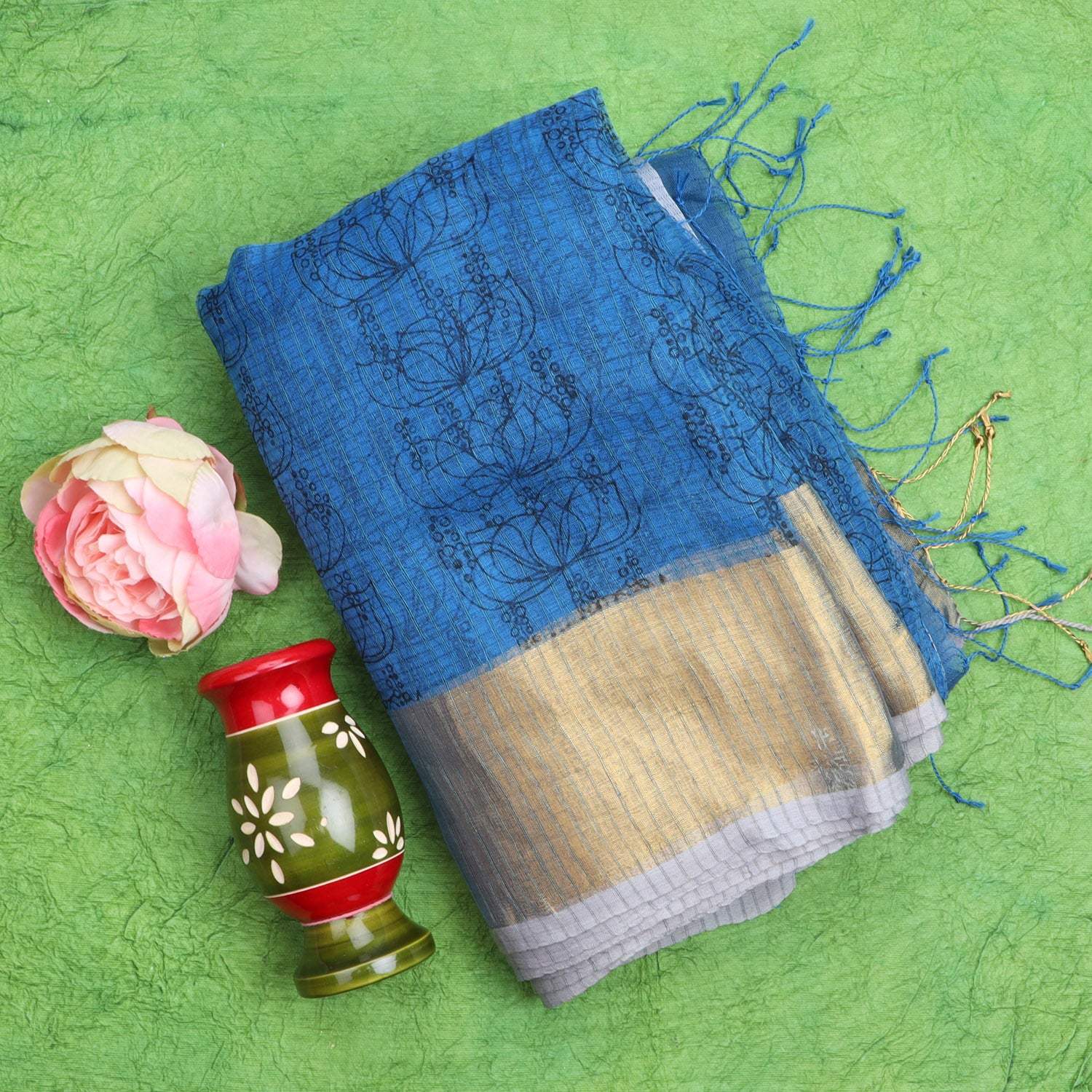 Blue Organza Saree With Floral Prints - Singhania's