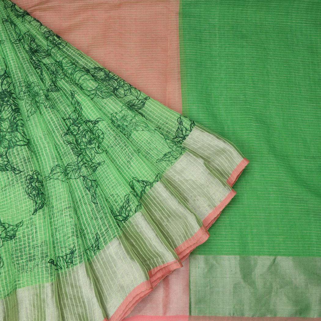 Green Organza Saree With Floral Printed Motifs - Singhania's