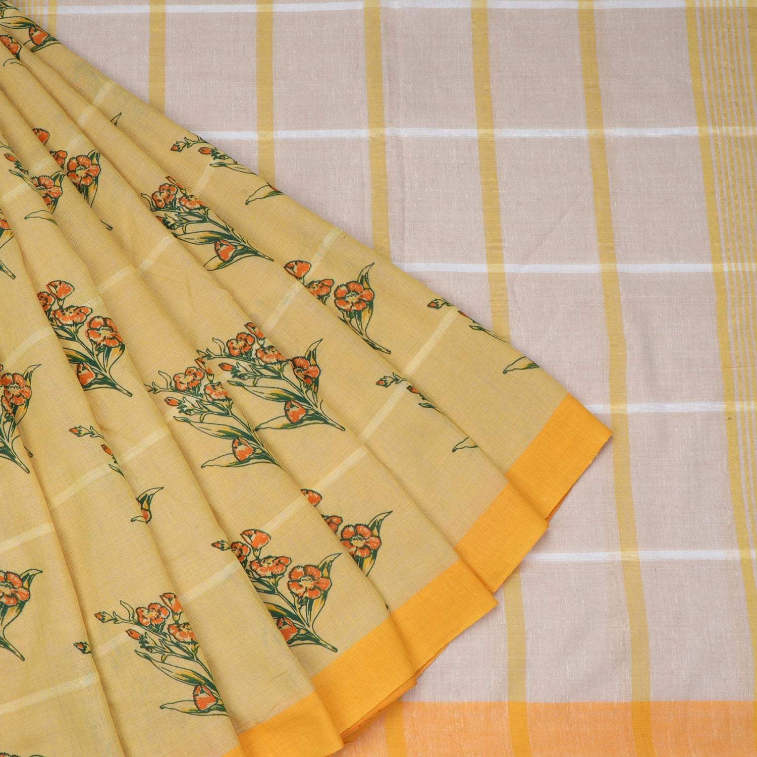 Pale Yellow Cotton Saree With Floral Print - Singhania's