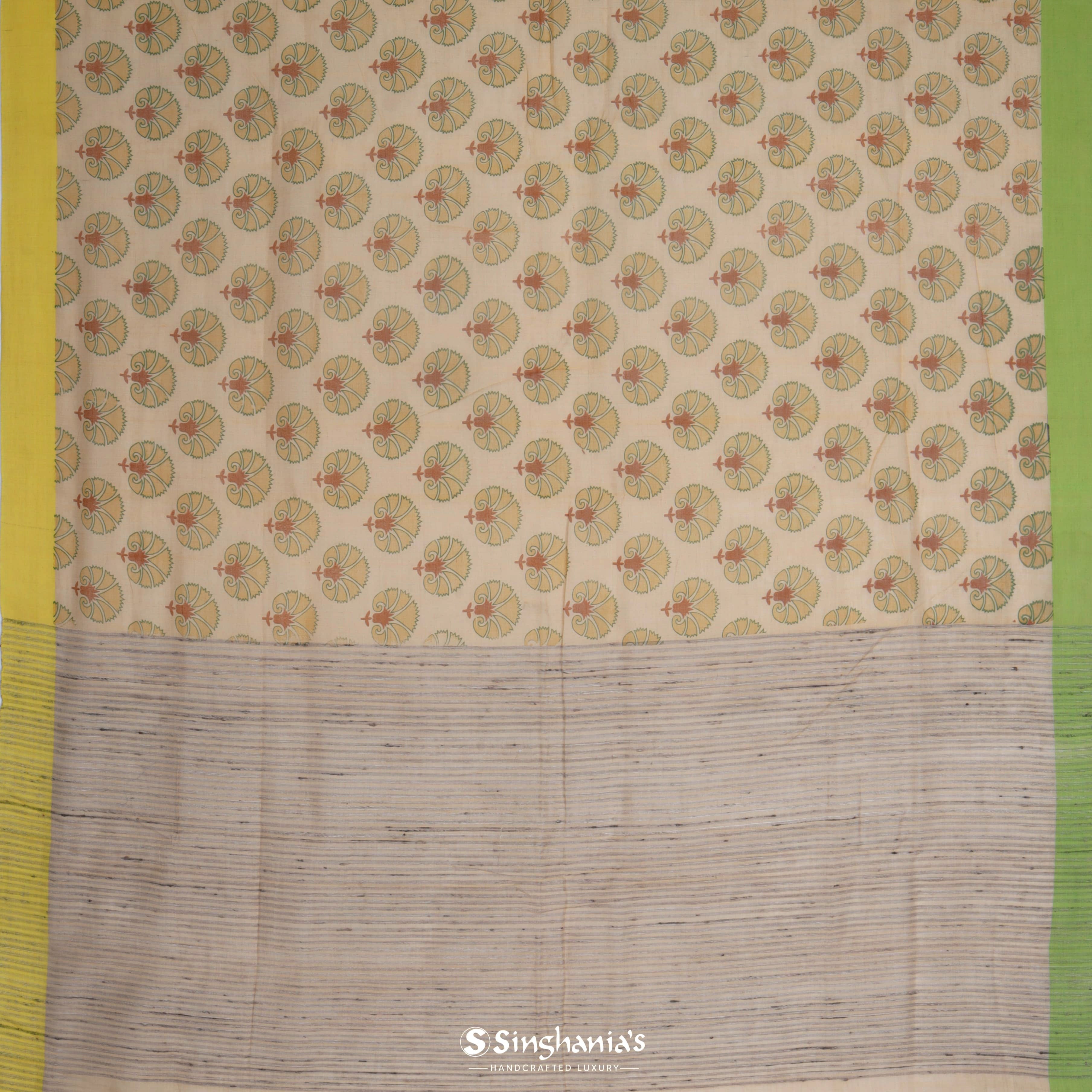 Soft Beige Cotton Printed Saree With Floral Buttas