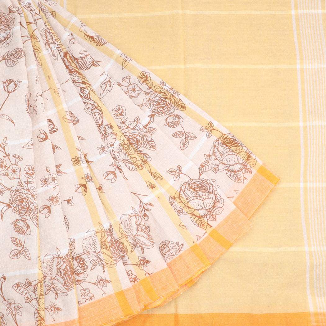 Off White Cotton Printed Saree - Singhania's