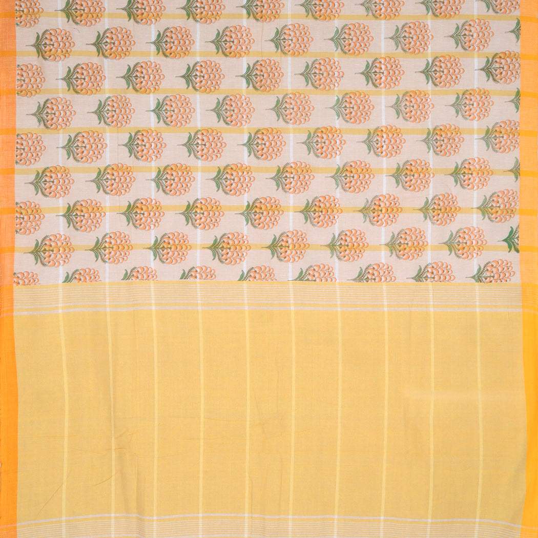 Off-White Cotton Saree With Printed Motifs - Singhania's
