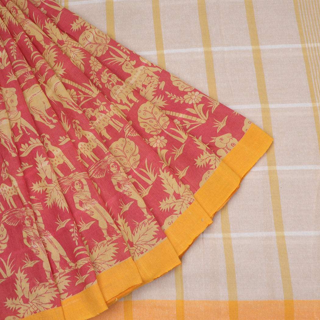 Pale Red Printed Cotton Saree - Singhania's