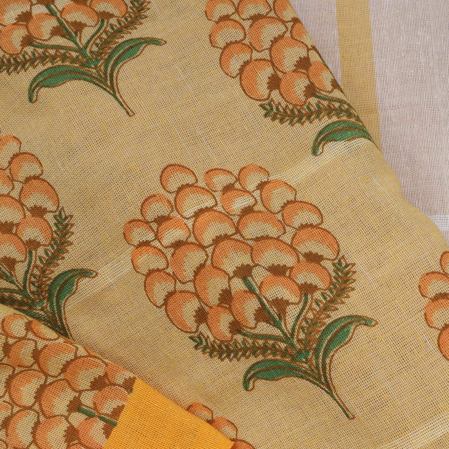 Pastel Beige Cotton Saree With Floral Printed Motis - Singhania's