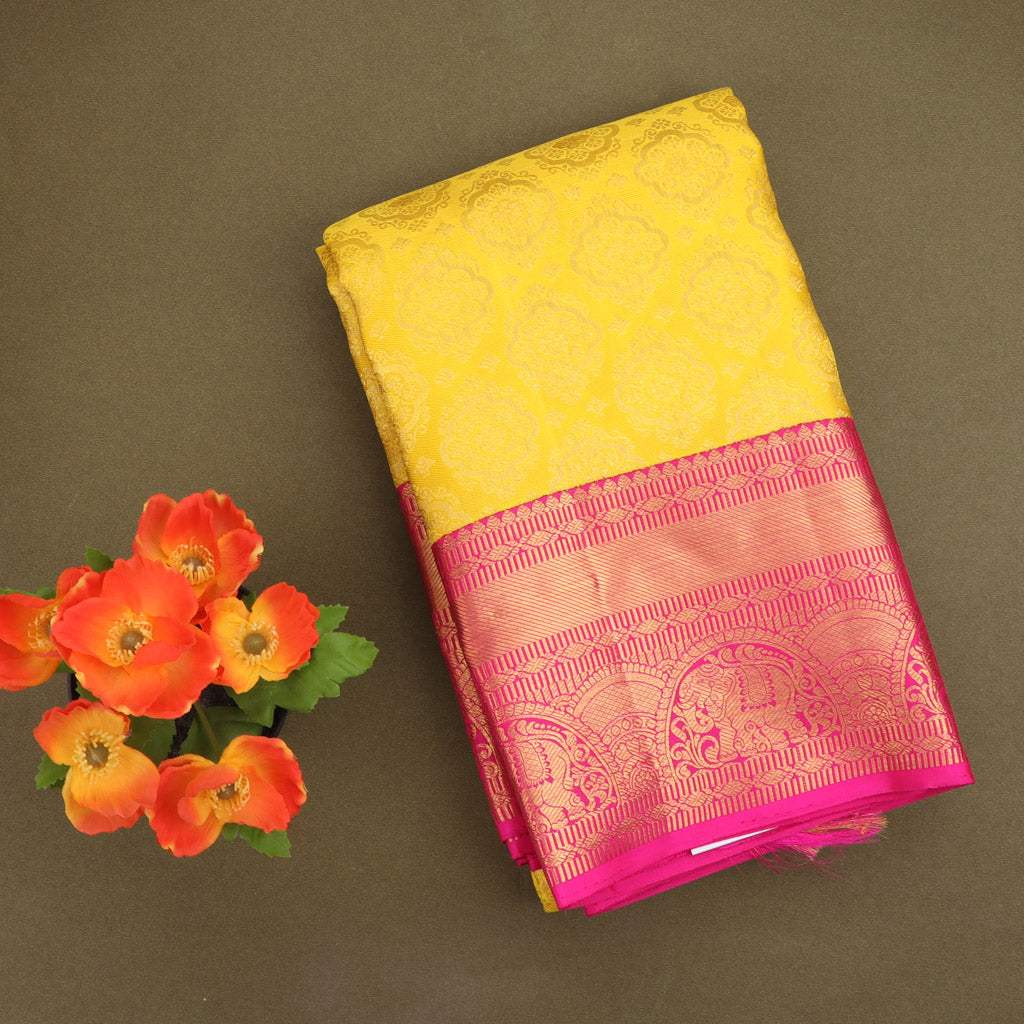 Sunshine Yellow Kanjivaram Silk Saree With Floral Buttas - Singhania's