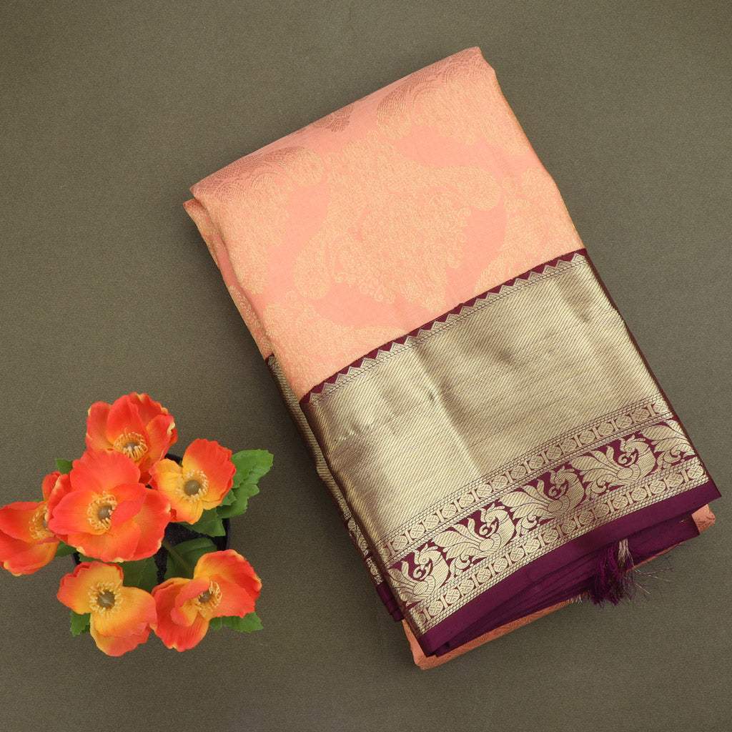 Light Peach Kanjivaram Silk Saree With Floral Pattern - Singhania's