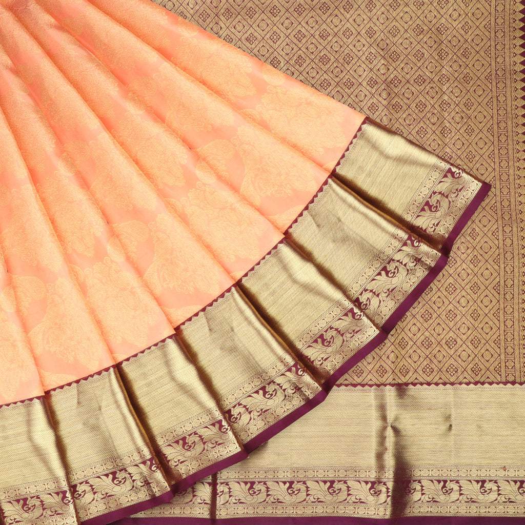 Light Peach Kanjivaram Silk Saree With Floral Pattern - Singhania's