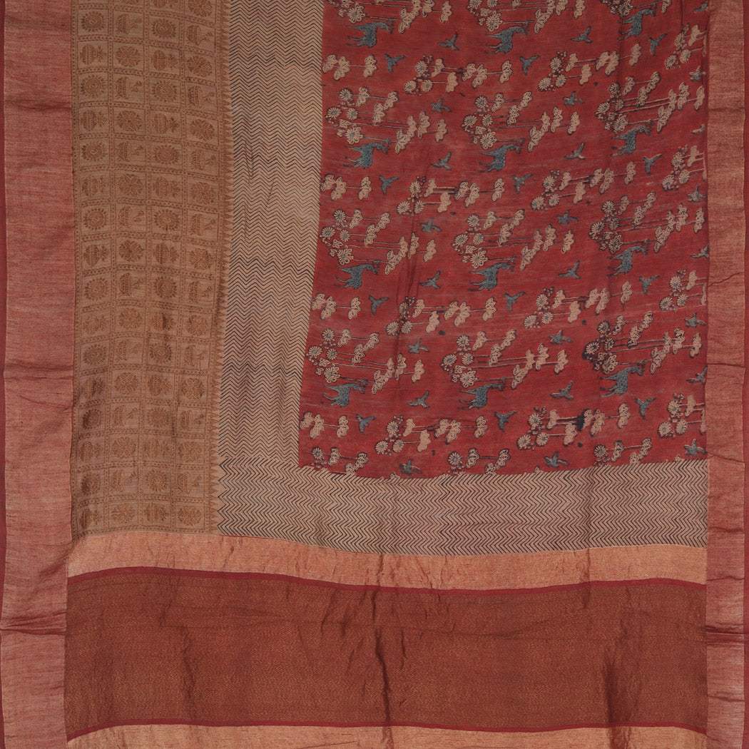 Earthy Red Handblock Printed Matka Tussar Saree - Singhania's