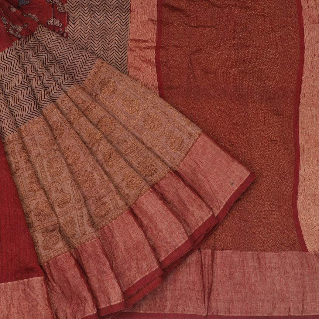 Earthy Red Handblock Printed Matka Tussar Saree - Singhania's