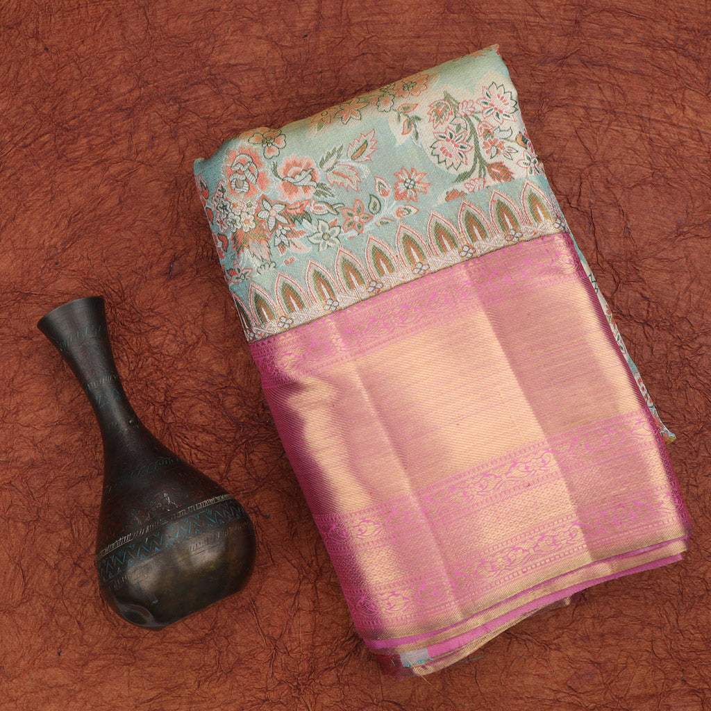 Sky Blue Tissue Kanjivaram Silk Saree With Floral Jaal Design - Singhania's