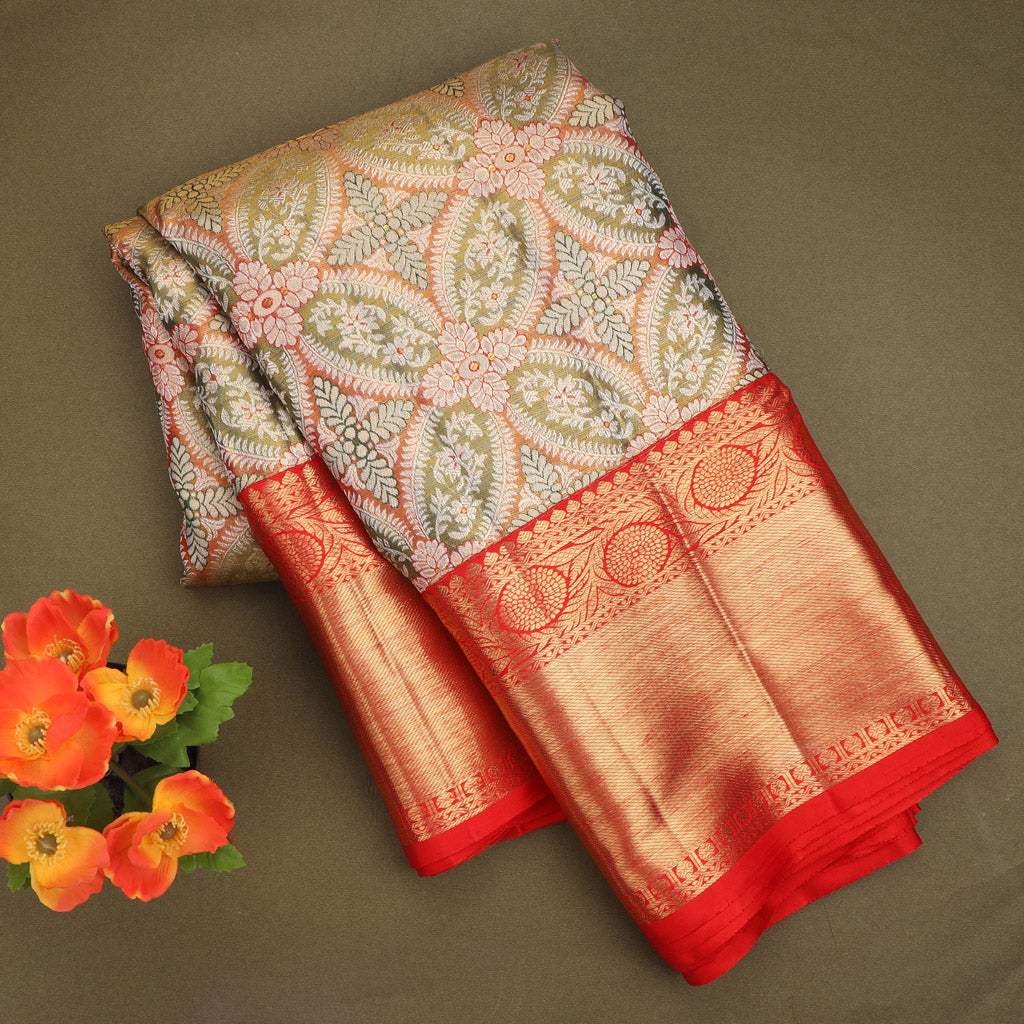 Golden Green Tissue Kanjivaram Silk Saree With Floral Jaal Pattern - Singhania's