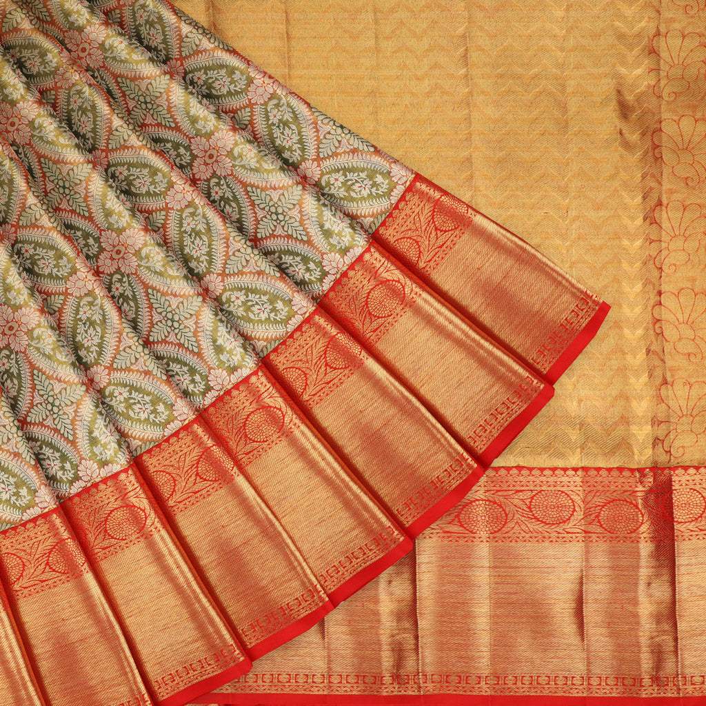 Golden Green Tissue Kanjivaram Silk Saree With Floral Jaal Pattern - Singhania's