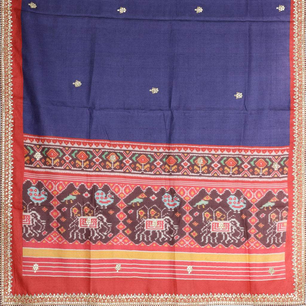 Navy Blue Tussar Embroidery Saree With Patola Pattern - Singhania's