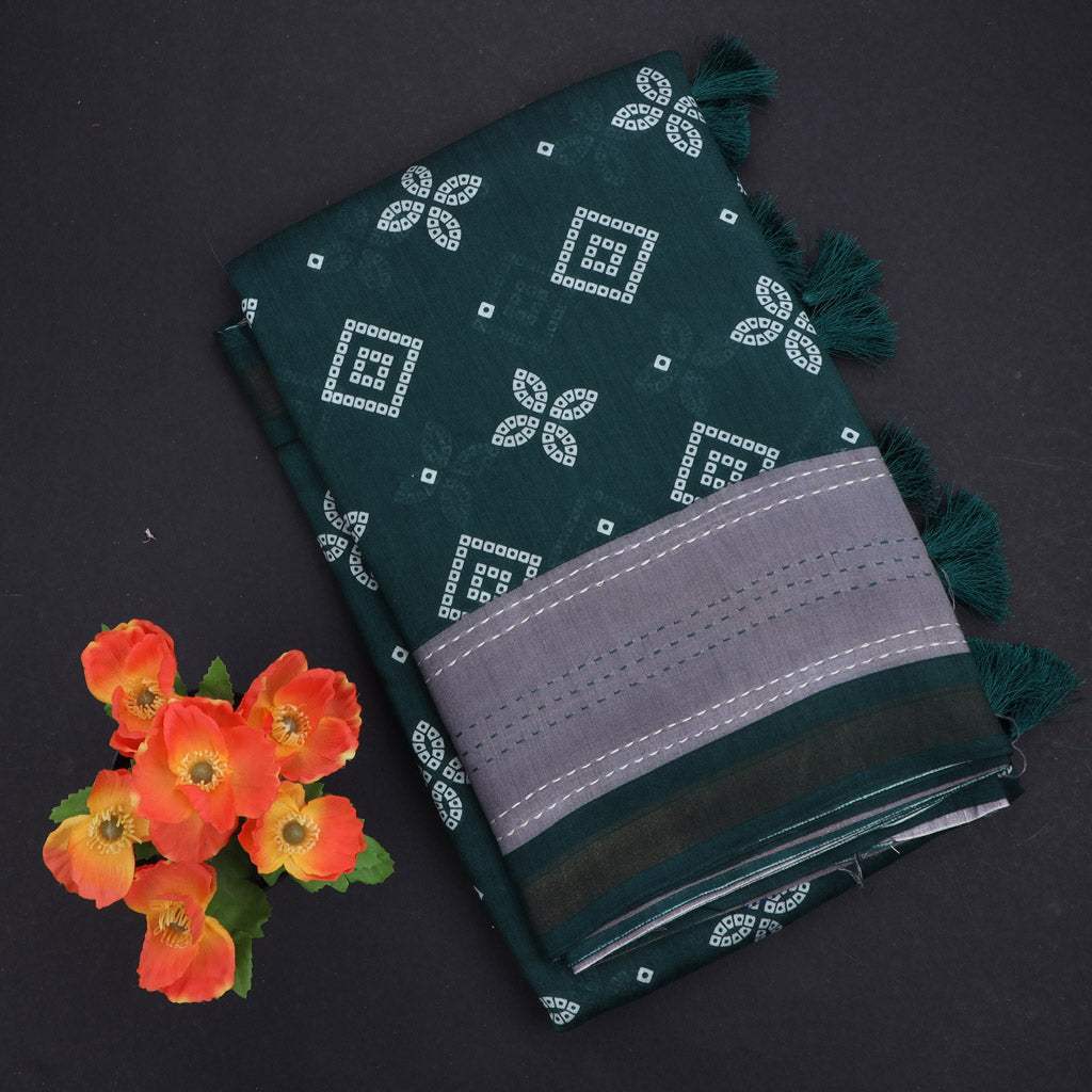 Forest Green Printed Chanderi Saree - Singhania's