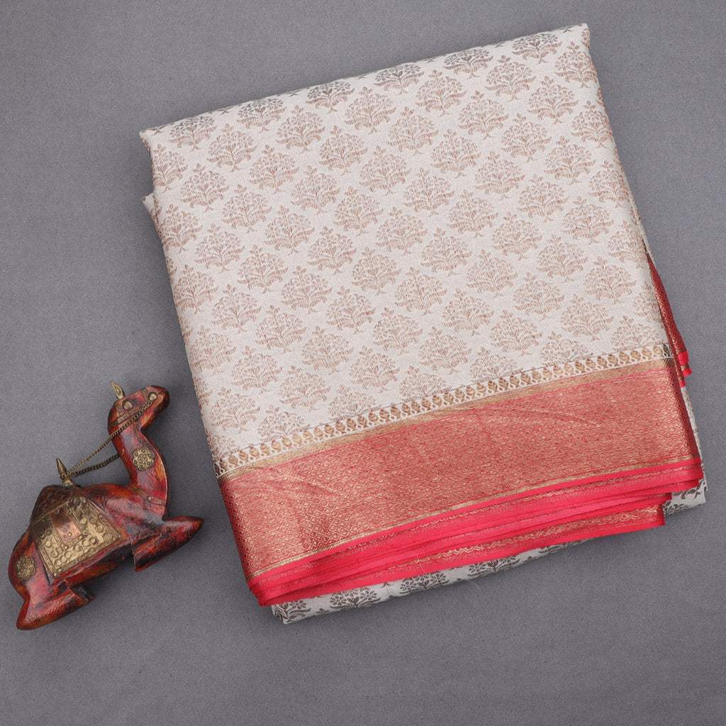 White Banarasi Silk Handloom Saree With Floral Motifs - Singhania's