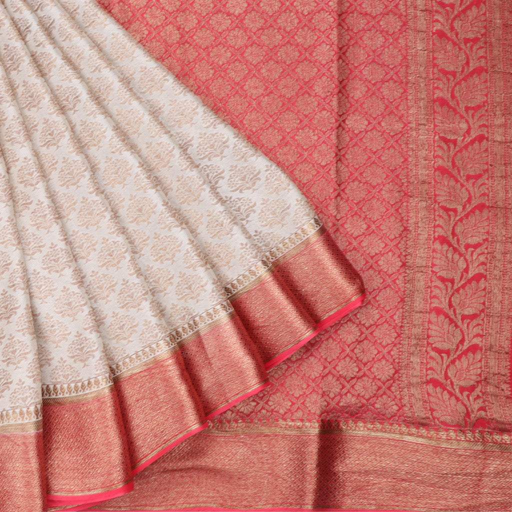 White Banarasi Silk Handloom Saree With Floral Motifs - Singhania's