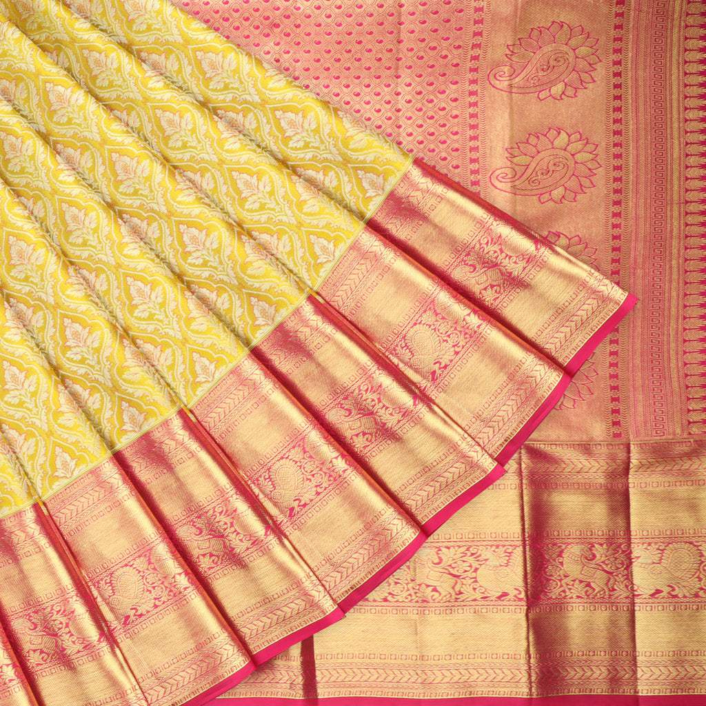 Citrine Yellow Kanjivaram Silk Saree With Floral Motif Pattern - Singhania's