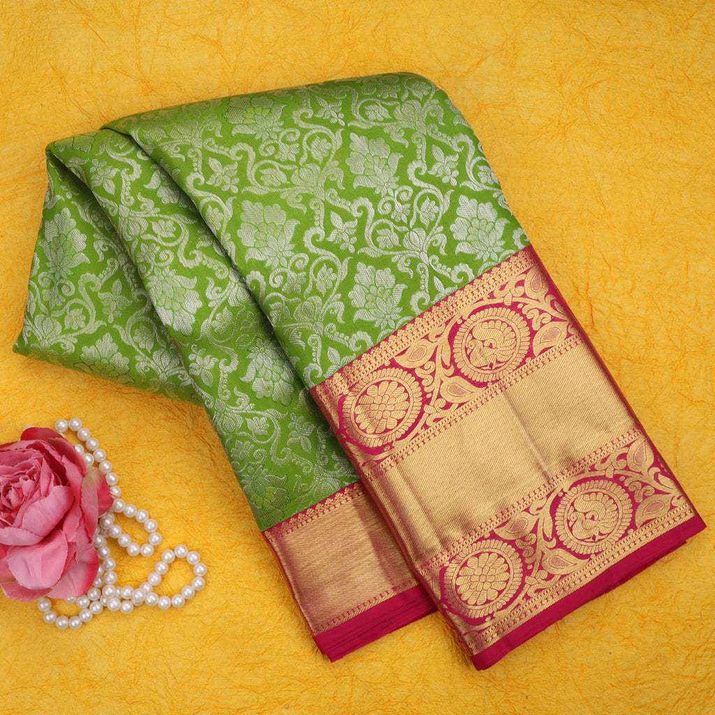 Green Kanjivaram Silk Saree With Floral Jaal Design - Singhania's