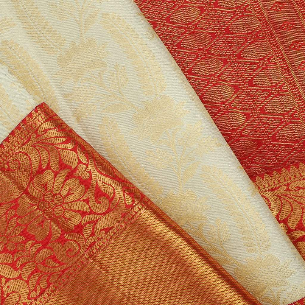 Pastel White Kanjivaram Silk Saree With Floral Motif - Singhania's